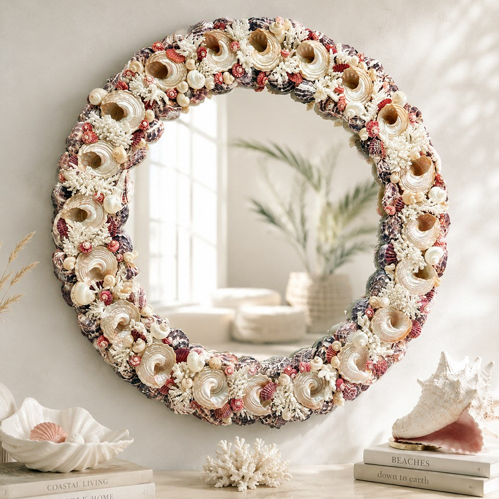 Mirror round coral shell - pink, pearl and white