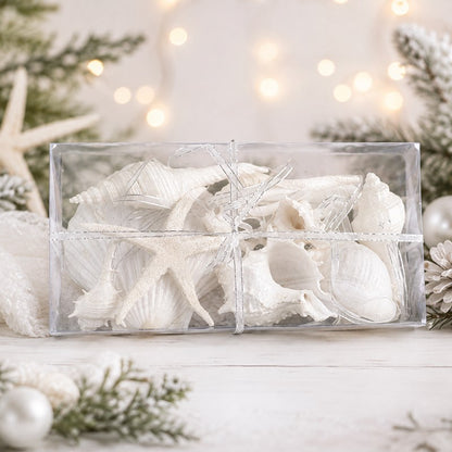 Decoration pack glitter shells white - rectangle with ribbon (Pack of 6)