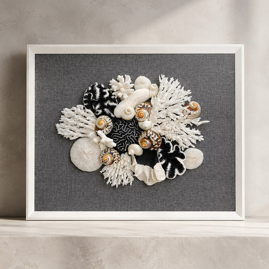 Frame white - no mat, uncovered - coral white, pearl and black on charcoal fabric