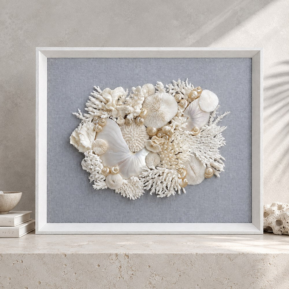 Frame white - no mat, uncovered - coral white, pearl and nautilus on grey fabric
