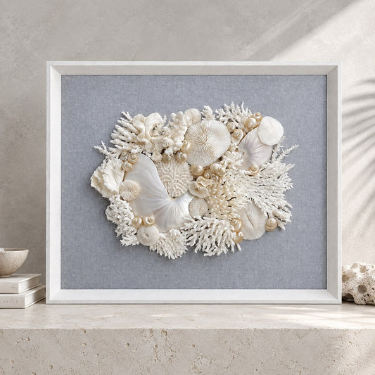 Frame white - no mat, uncovered - coral white, pearl and nautilus on grey fabric