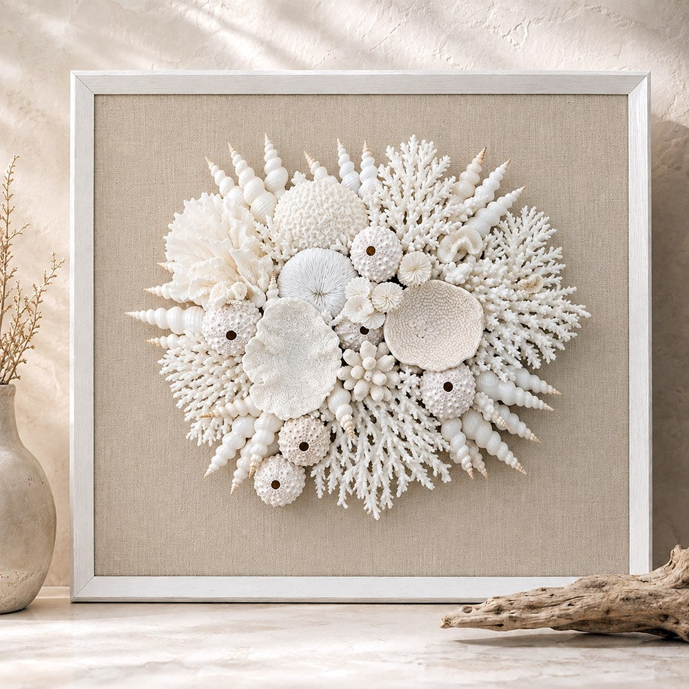 Frame white - no mat, uncovered - coral white on linen fabric