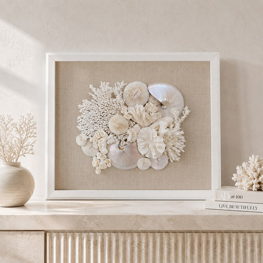 Frame white - no mat, uncovered - coral white, pearl and nautilus on linen fabric