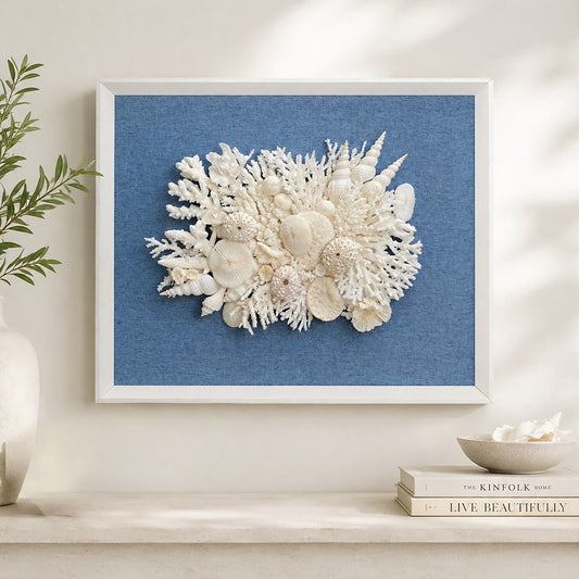 Frame white - no mat, uncovered - coral white on blue fabric