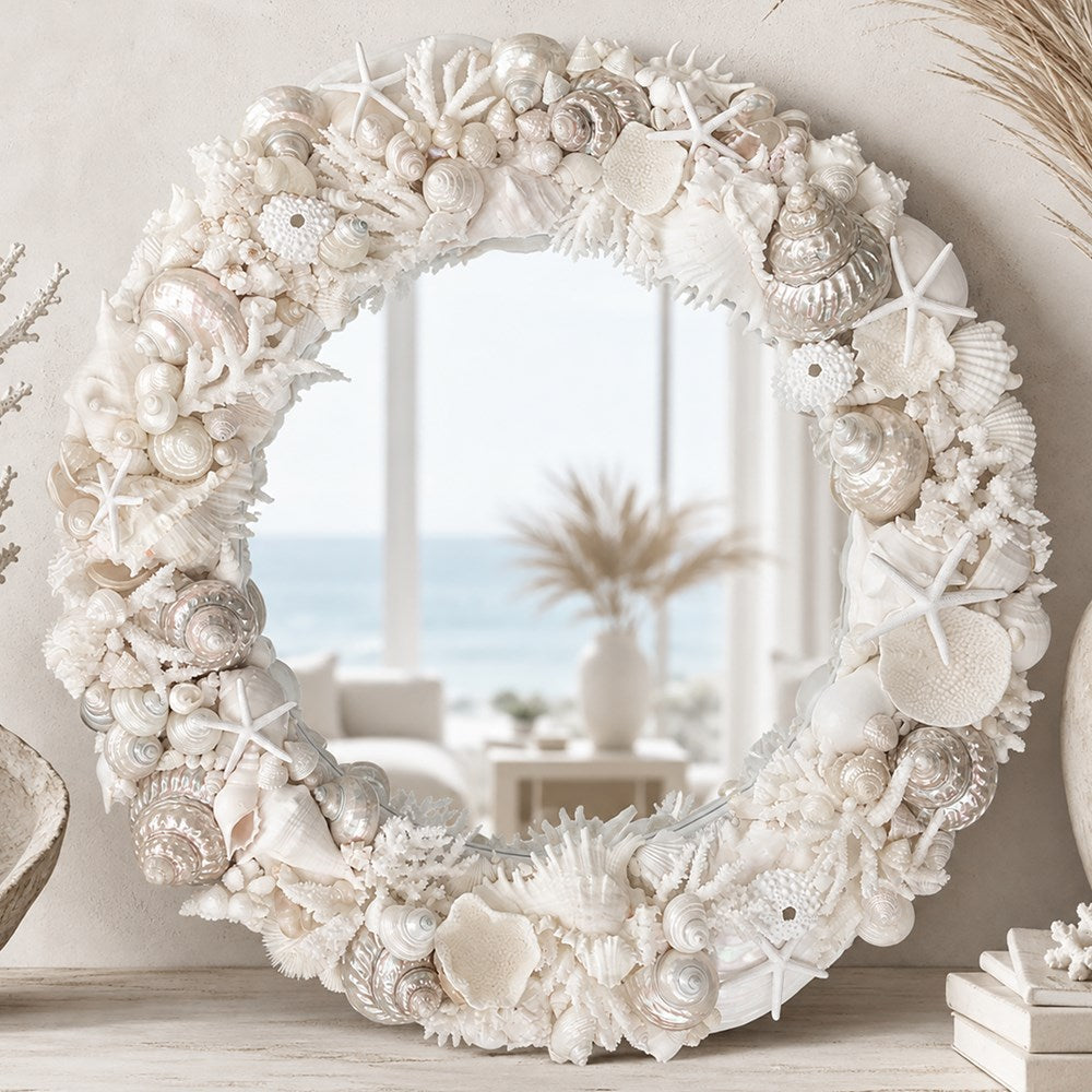 Mirror round coral shell white and pearl