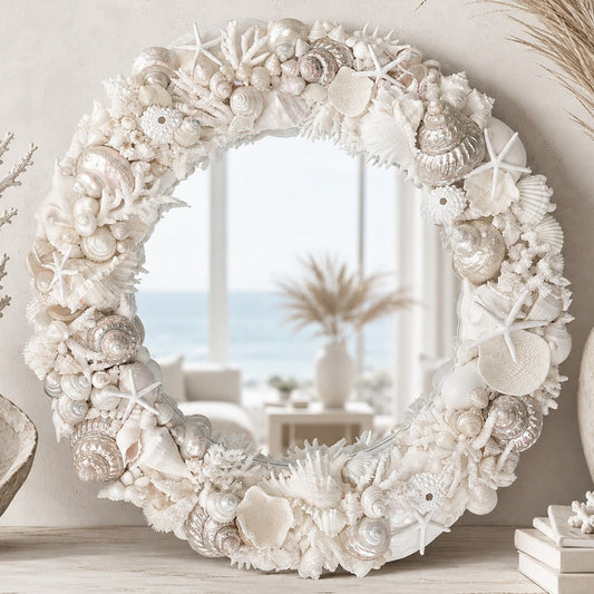 Mirror round coral shell white and pearl